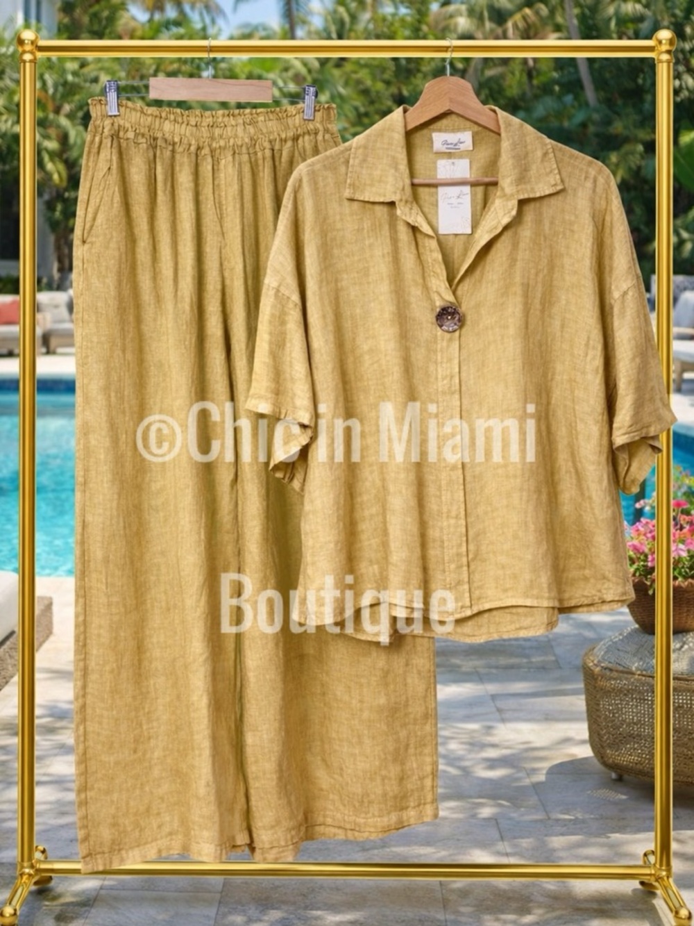 Italian Linen 2-Piece Set Top and Wide Leg Pants OS